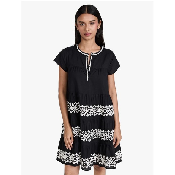 Roller Rabbit Womens Pamela Dress Sz Medium Black White Embroidered Tiered - Picture 1 of 10